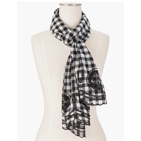 Talbots Gingham Check Rectangular Scarf Embroidered Scalloped Edge 68 x 24 - Picture 1 of 7